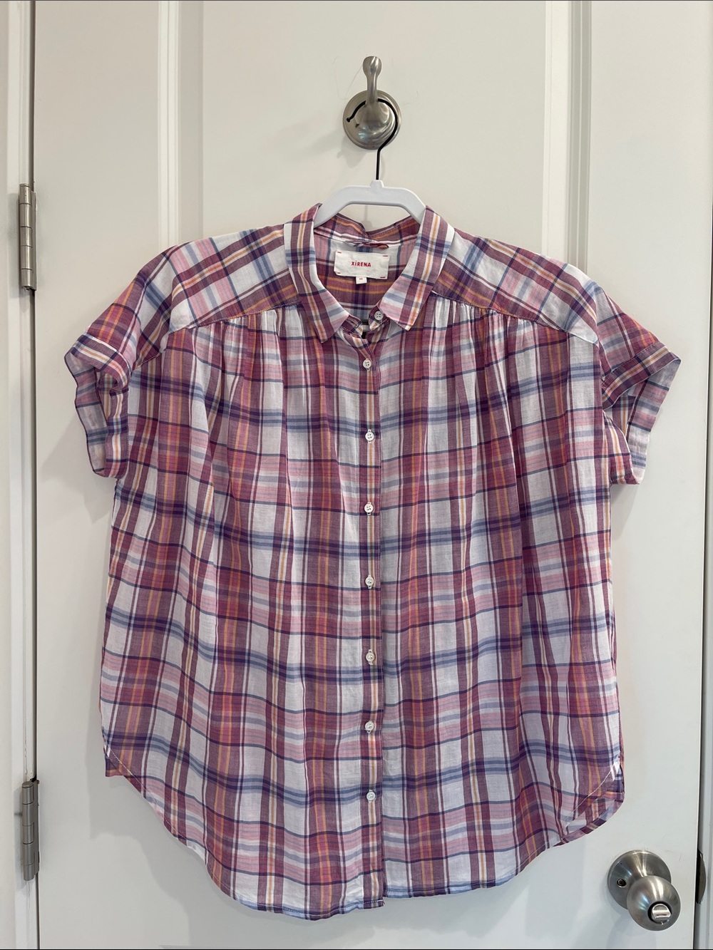 XiRENA Pink and Purple Plaid Short-Sleeve Button-Down Shirt